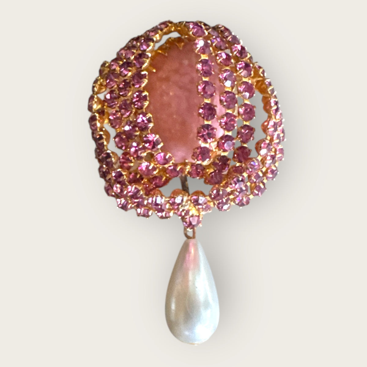 Vintage Pink Rhinestone Dome Brooch with Adjustable Glass Cabochon & Pearl Drop