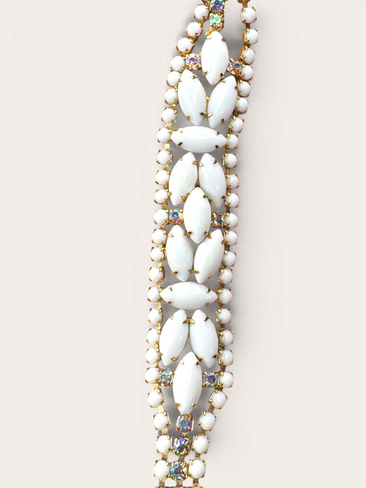 Vintage Milk Glass & Aurora Borealis Rhinestone Statement Bracelet — Gold-Tone Wide Link