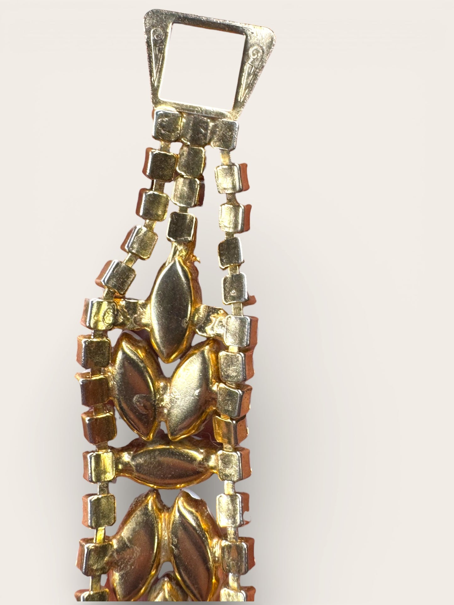 Vintage Milk Glass & Aurora Borealis Rhinestone Statement Bracelet — Gold-Tone Wide Link