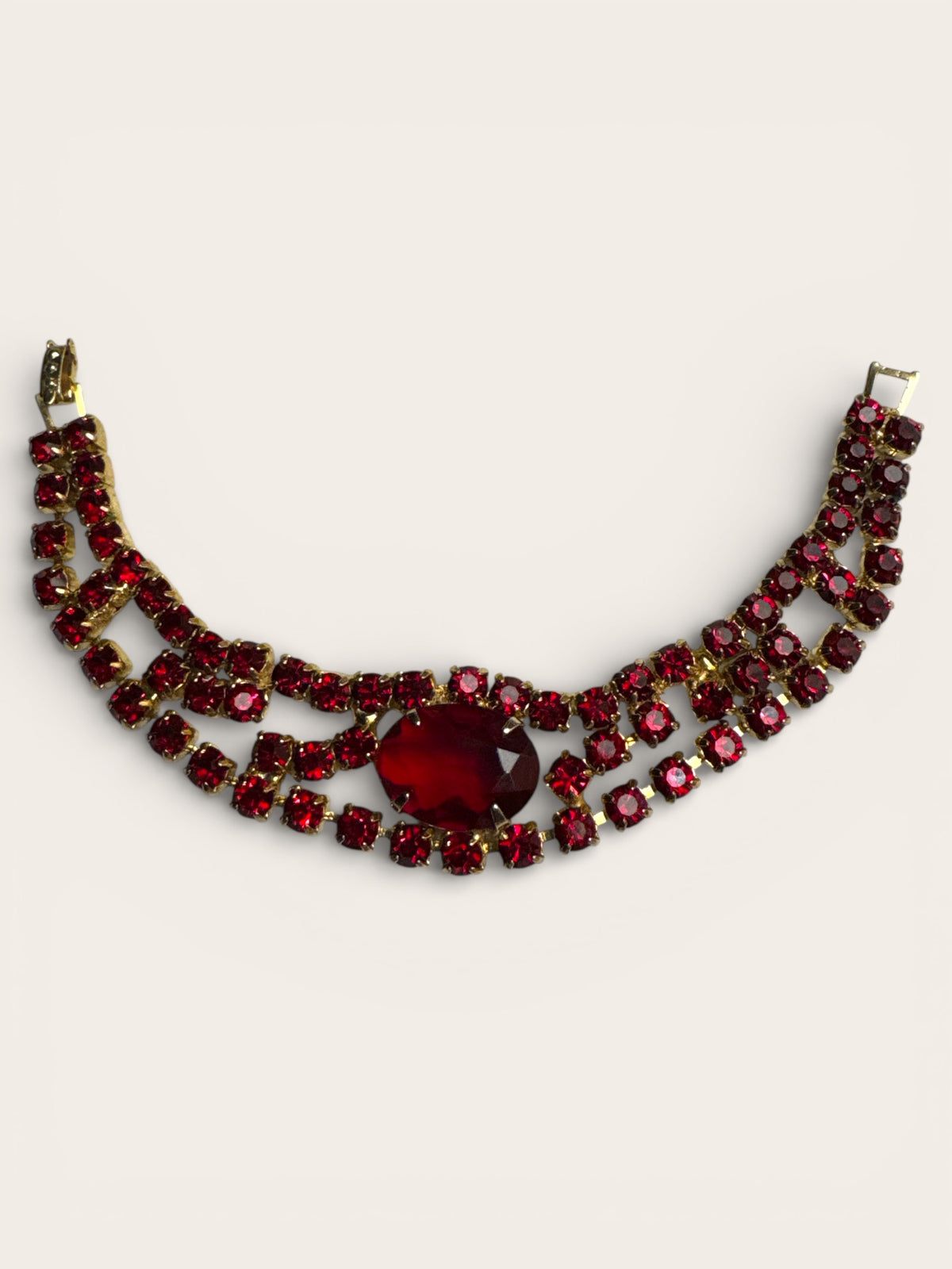Vintage Ruby Red Rhinestone Bracelet with Triple-Row Design