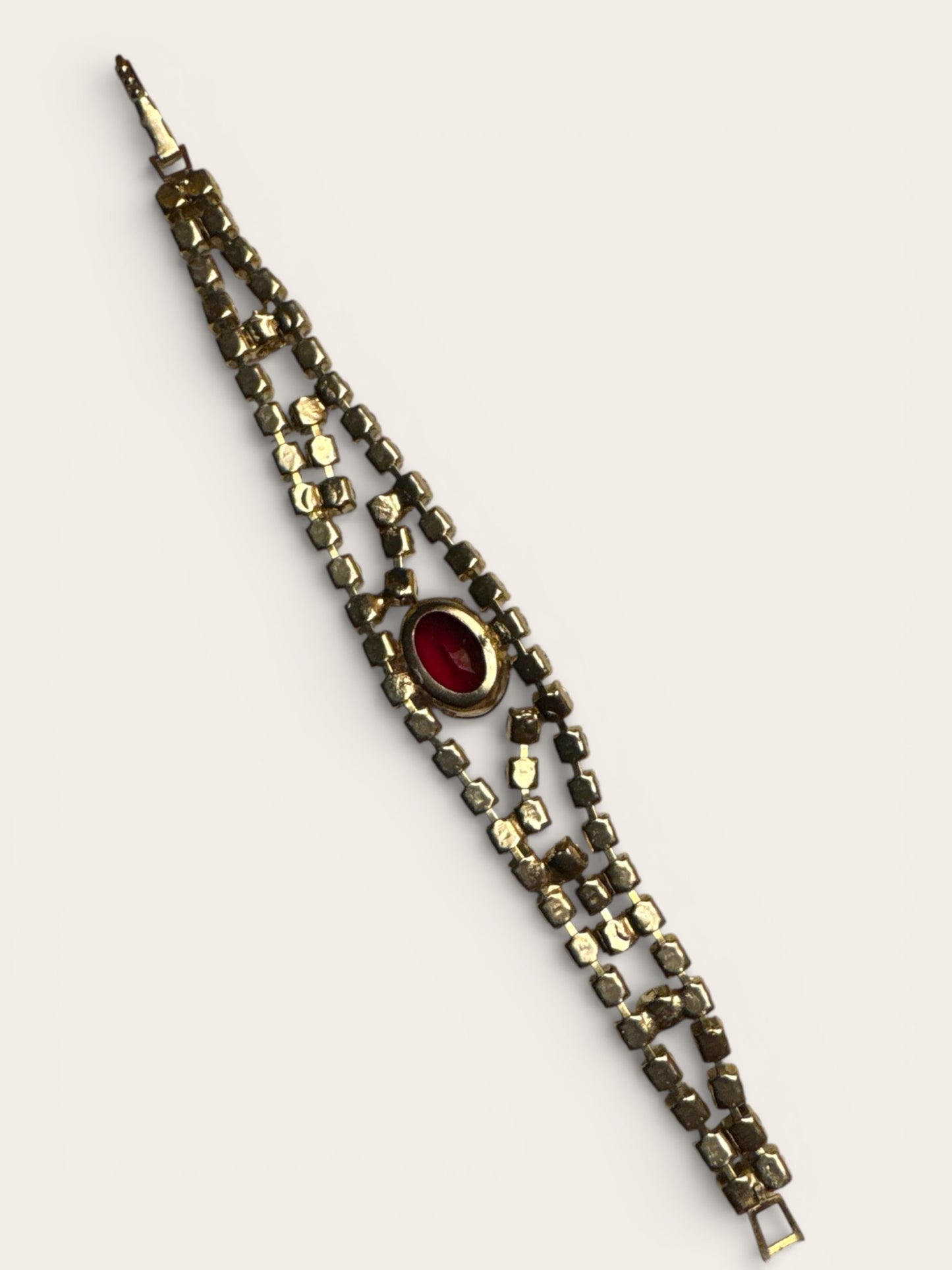 Vintage Ruby Red Rhinestone Bracelet with Triple-Row Design