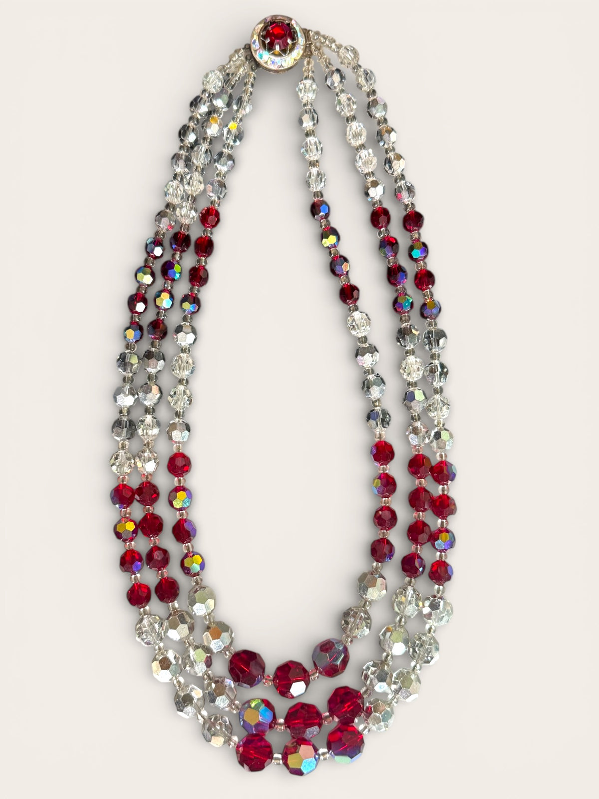 Triple-Strand Faceted Crystal Necklace with Ruby Red & Aurora Borealis Rondelles
