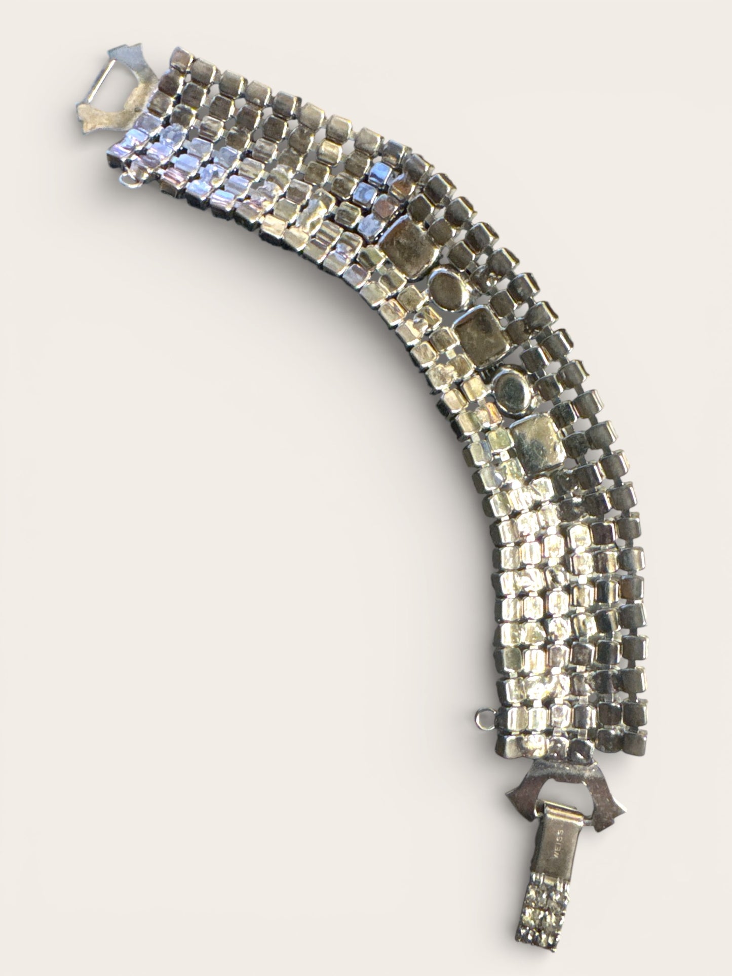 Vintage Weiss Rhinestone Statement Bracelet – Wide Silver Tone Brilliance