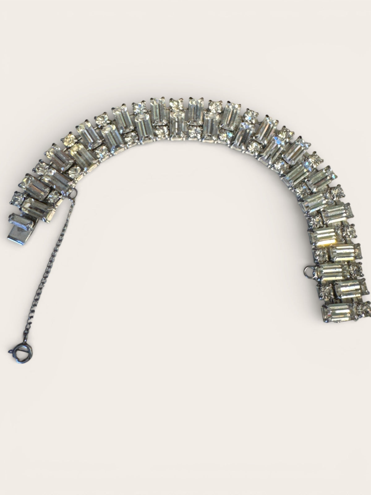 Vintage Weiss Rhinestone Bracelet – Baguette & Round Cut Silver Tone Elegance