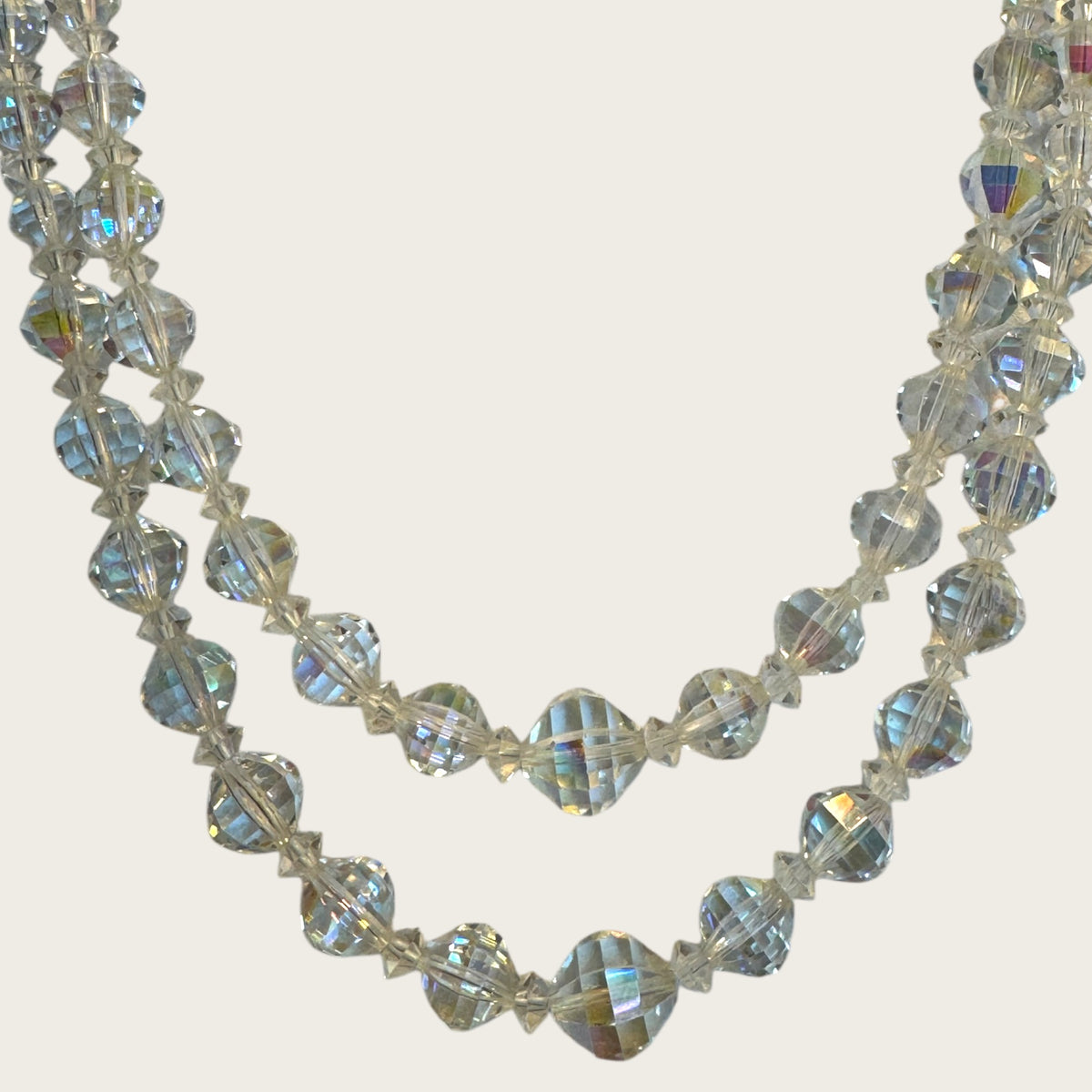Vintage Double Strand Aurora Borealis Bicone Crystal Necklace – Oval Crystal Clasp