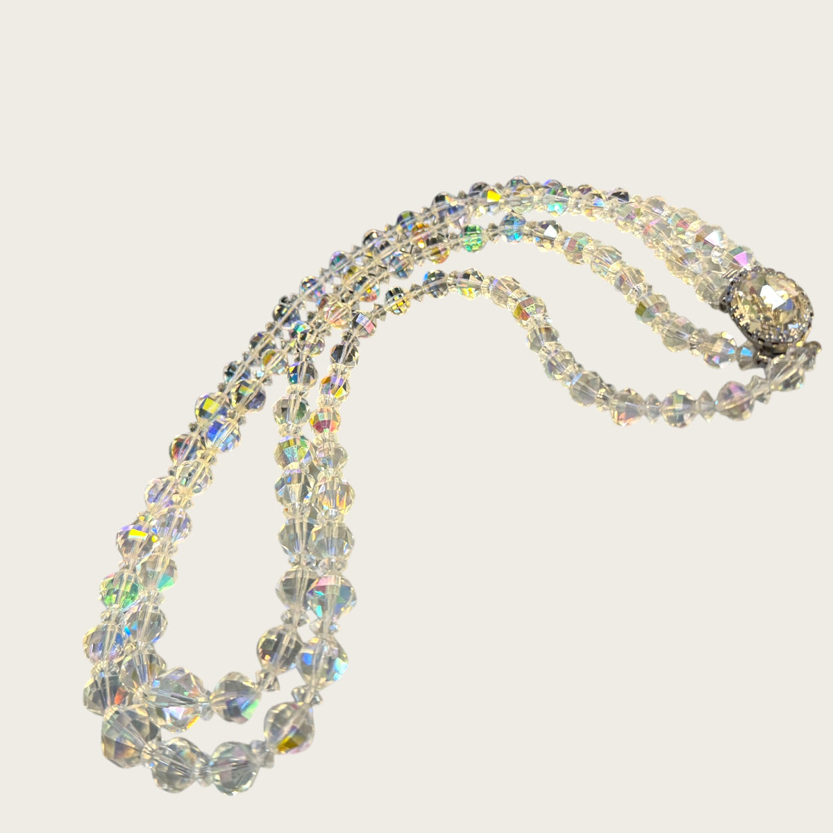 Vintage Double Strand Aurora Borealis Bicone Crystal Necklace – Oval Crystal Clasp