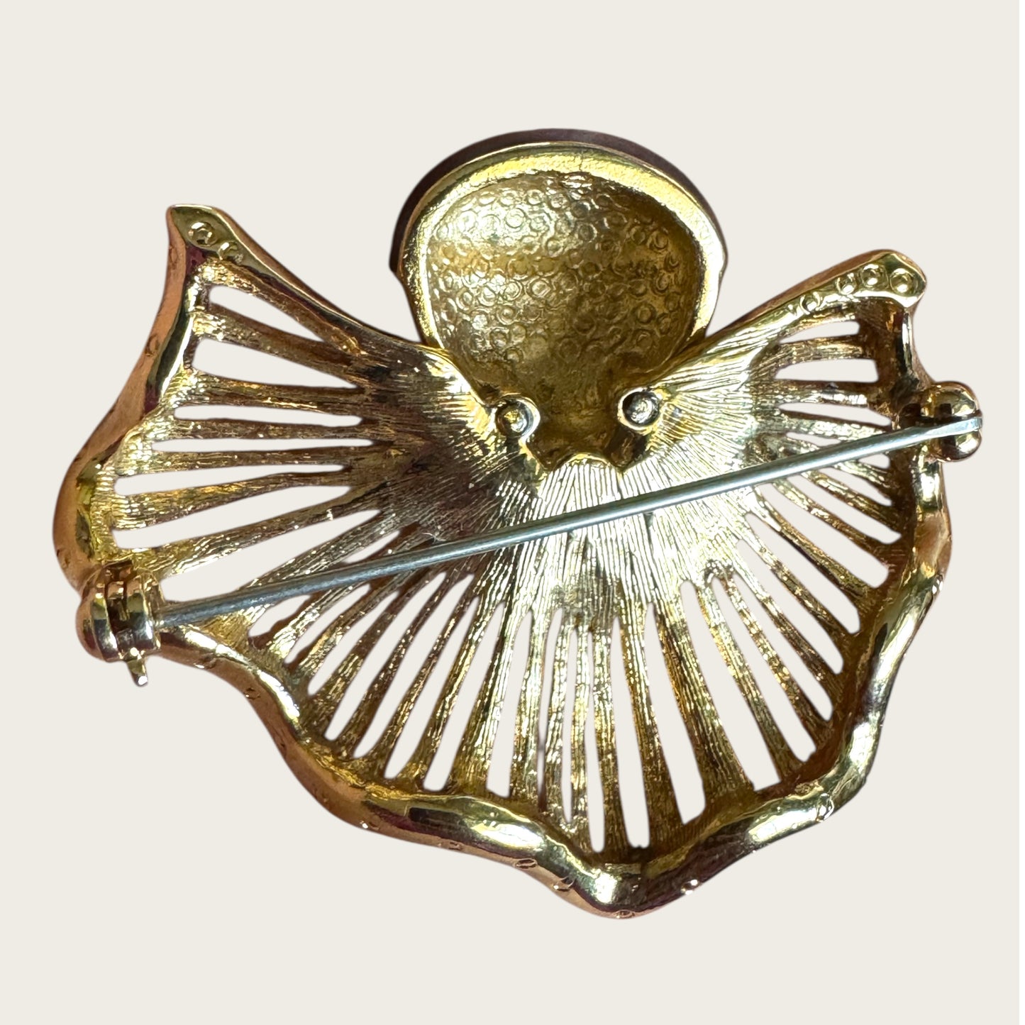 Vintage Pierrot Face Statement Brooch – White Enamel & Gold Openwork Bib