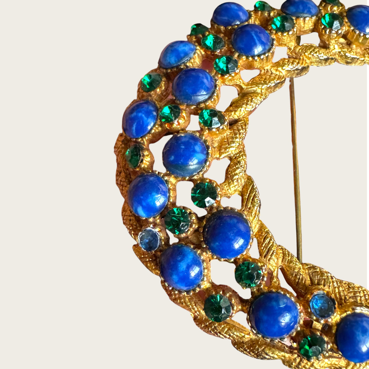 HAR Signed Mid-Century Gilt Crescent Brooch with Cobalt & Emerald Glass Cabochons
