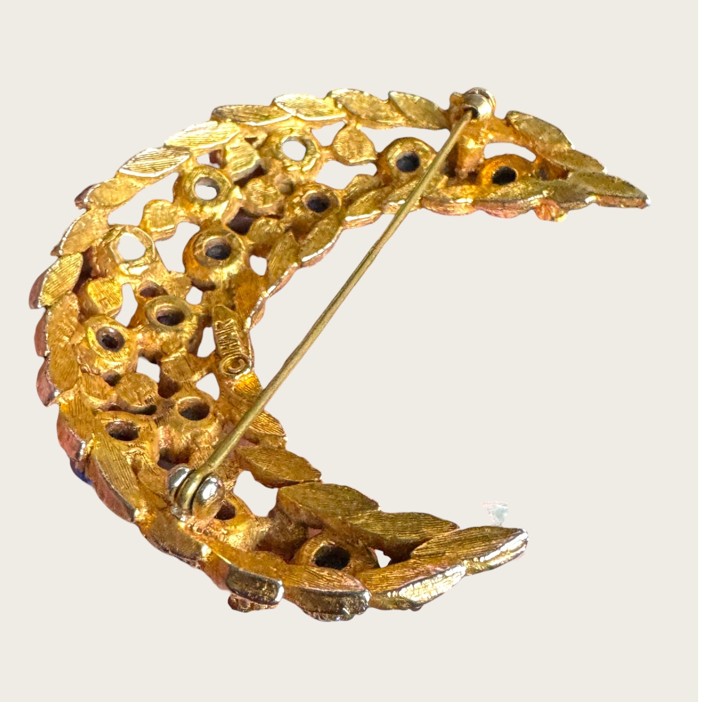 HAR Signed Mid-Century Gilt Crescent Brooch with Cobalt & Emerald Glass Cabochons