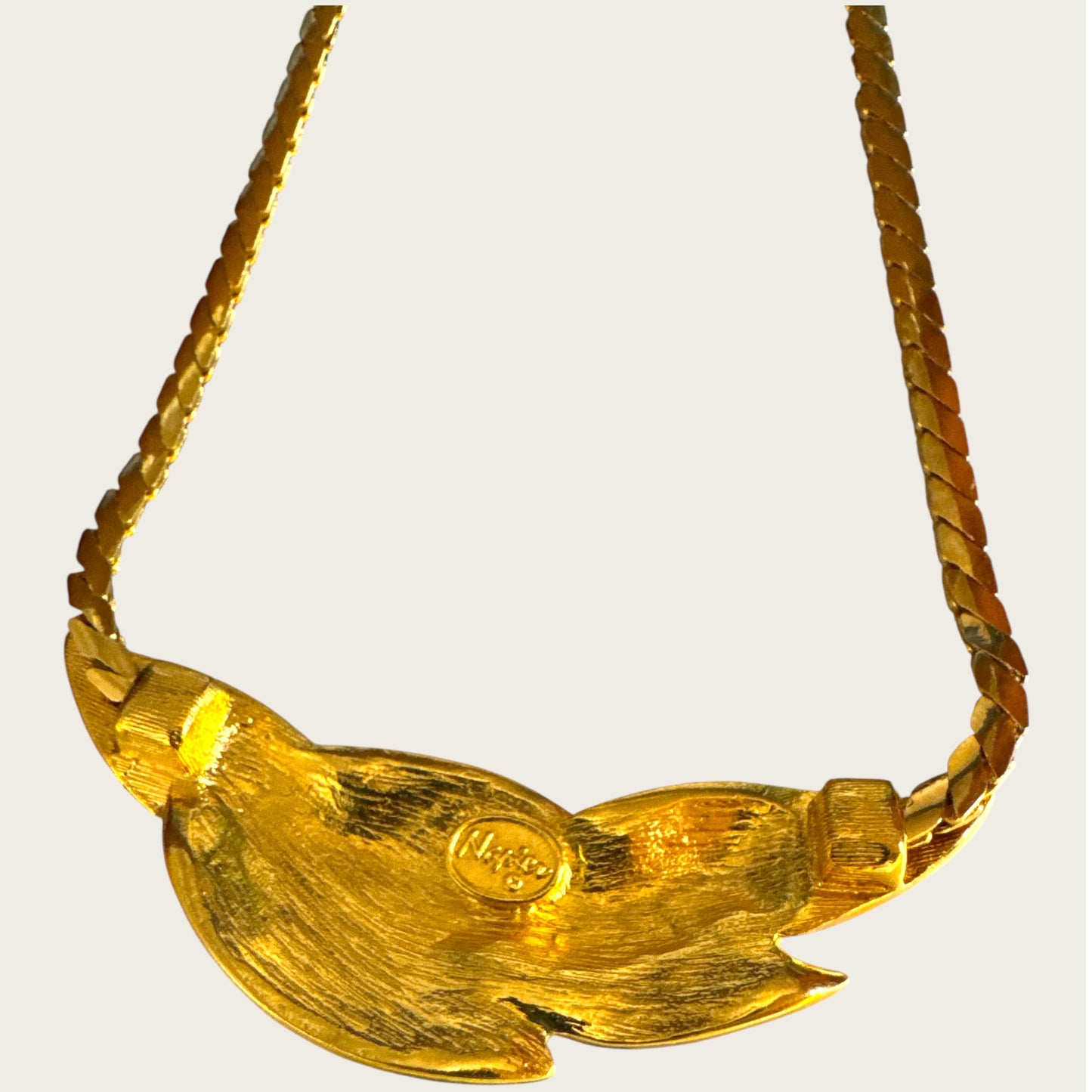 Napier Champagne Peach Enamel Leaf Necklace | Mid-Century Gold Tone Statement