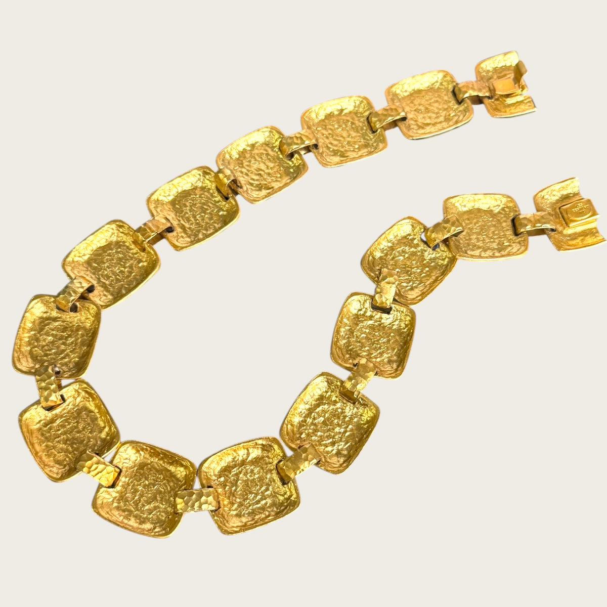 Vintage 1980s Les Bernard Hammered Satin Gold Panel Statement Necklace
