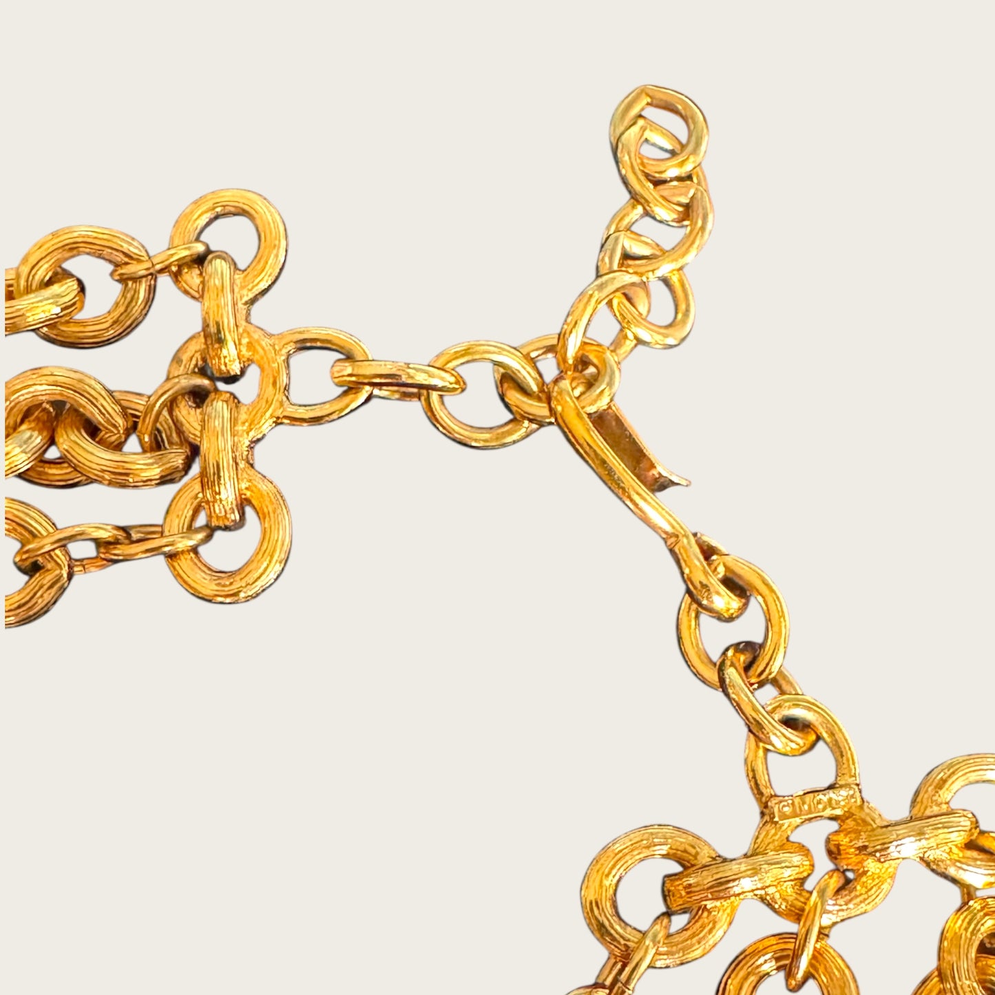 Vintage Monet Triple Strand Textured Chain Necklace with Faceted Glass & Crystal Rondel