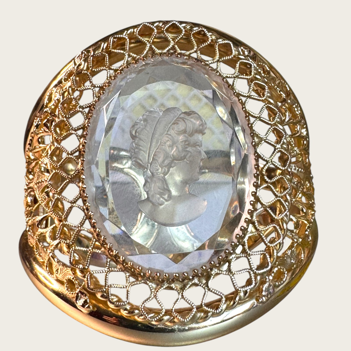 Vintage Whiting & Davis Filigree Shield Clapper Cuff Bracelet with Etched Cameo Glass | Late 1960s–70s