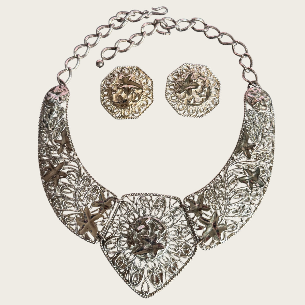 Vintage C. Barreira for Avon Filigree Bib Necklace & Earring Set