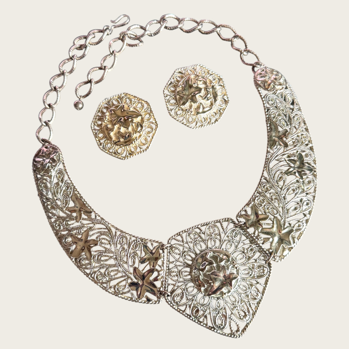 Vintage C. Barreira for Avon Filigree Bib Necklace & Earring Set