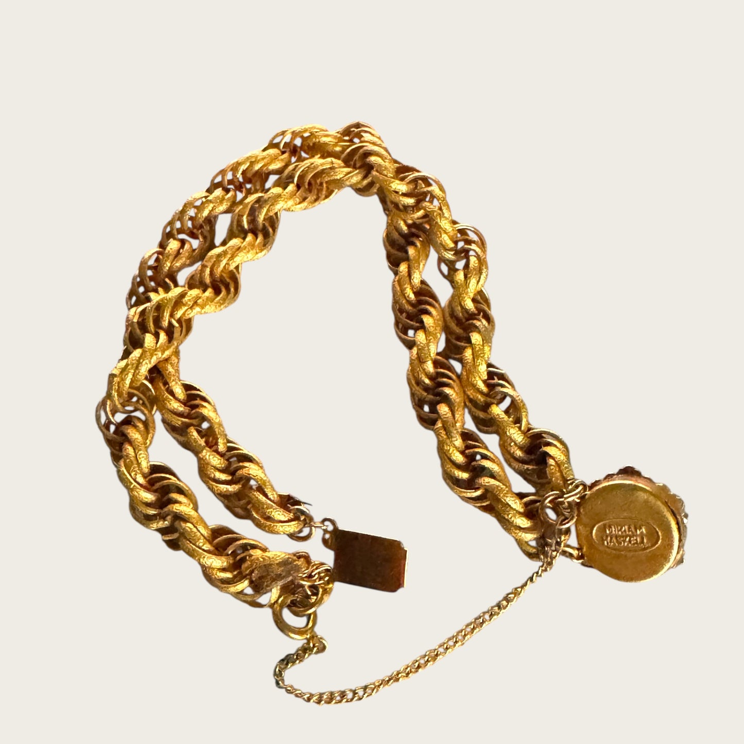 Vintage Miriam Haskell Double Roped Gold Tone Bracelet with Pearl Floral Clasp