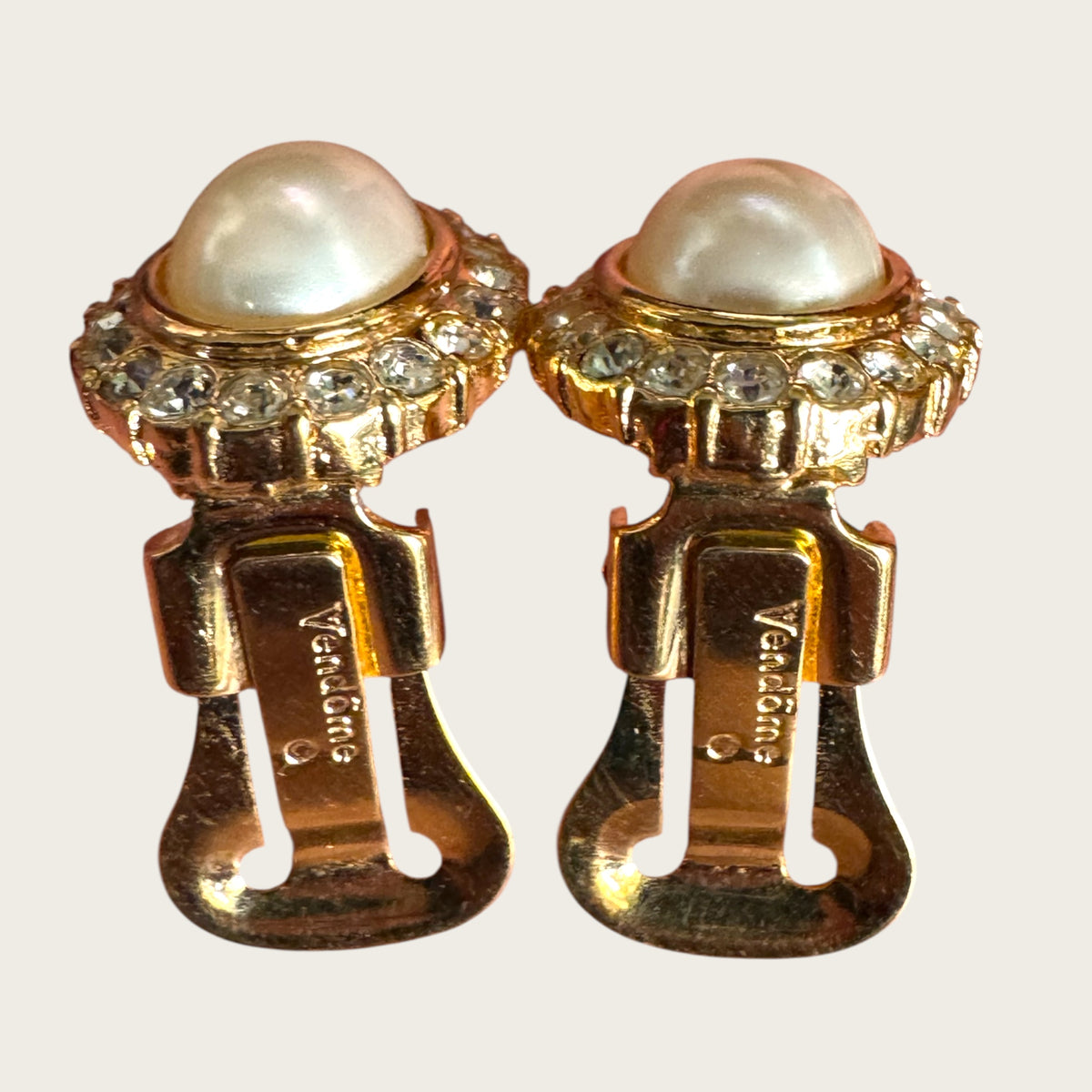 Vintage Vendôme Gold Tone Faux Pearl & Crystal Halo Clip-On Earrings