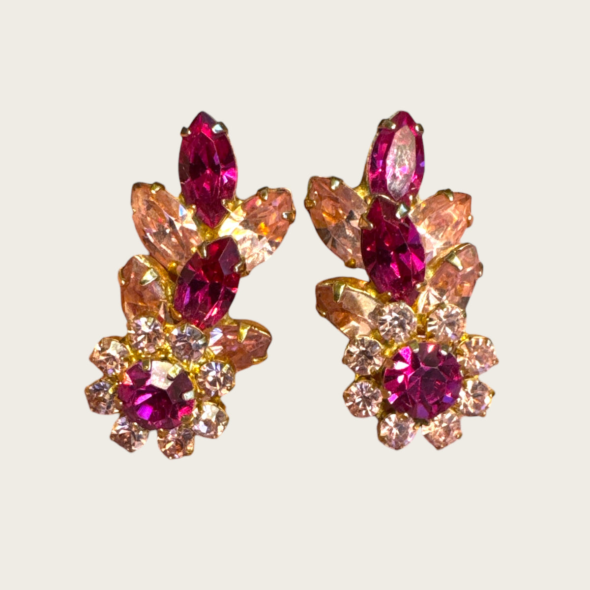 Vintage Vendôme Fuchsia & Blush Rhinestone Floral Clip-On Earrings