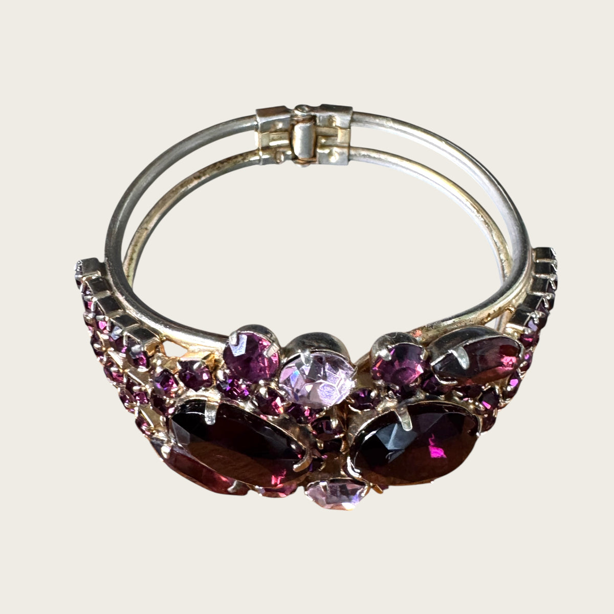 Mid-Century Purple Medley Foiled Rhinestone Clamper Bracelet & Earring Set