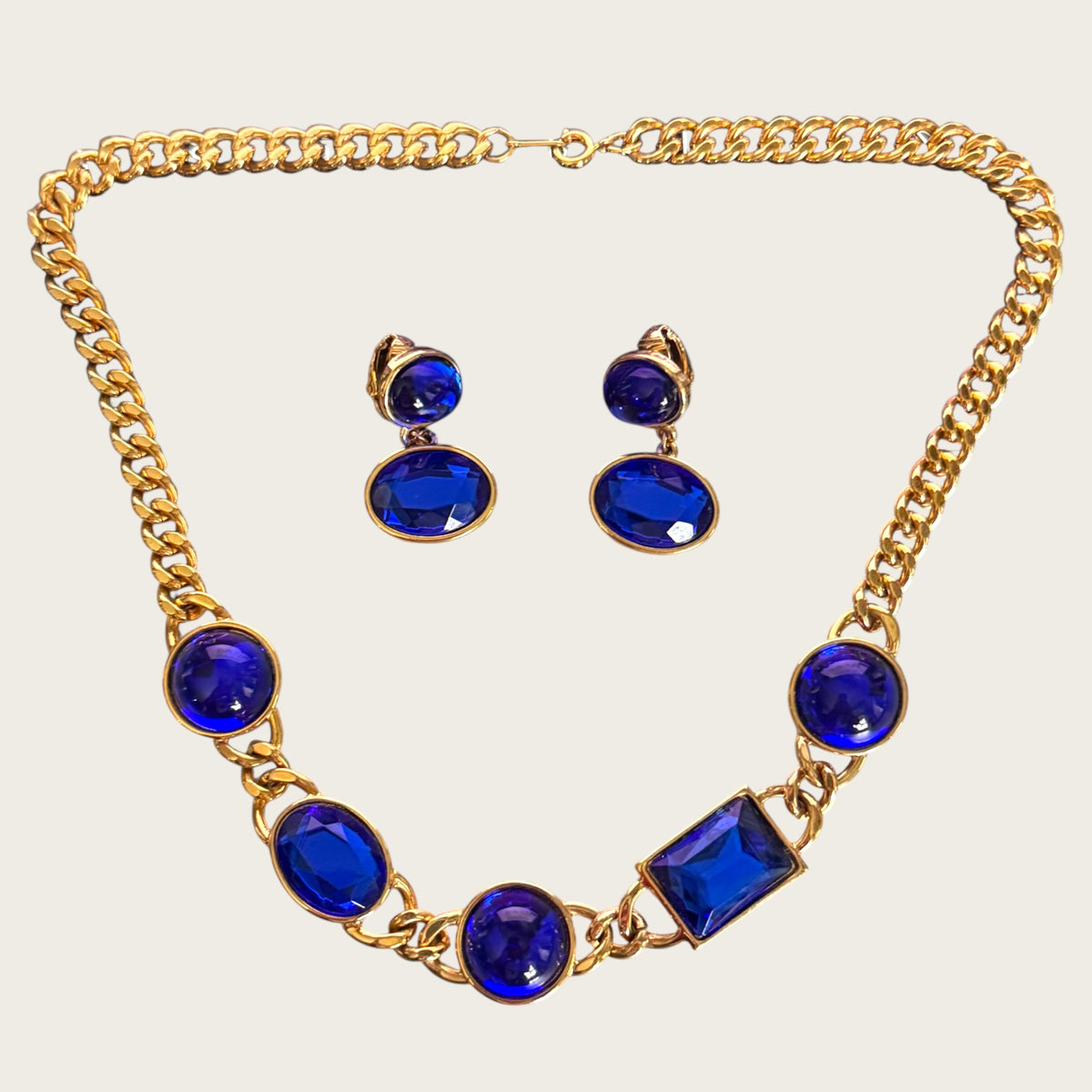 Vintage 1980s Signed Avon Cobalt Blue Glass & Lucite Necklace and Earring Set
