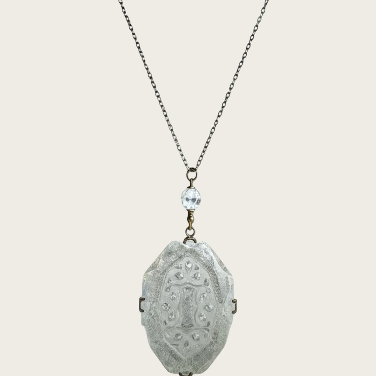 Antique Signed Czechoslovakia Intaglio Glass Pendant Necklace – Art Deco Drop