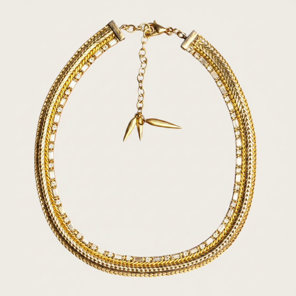 Vintage Hattie Carnegie Signed Rhinestone Multi-Strand Gold-Tone & Rhinestone Choker Necklace, Mid-Century