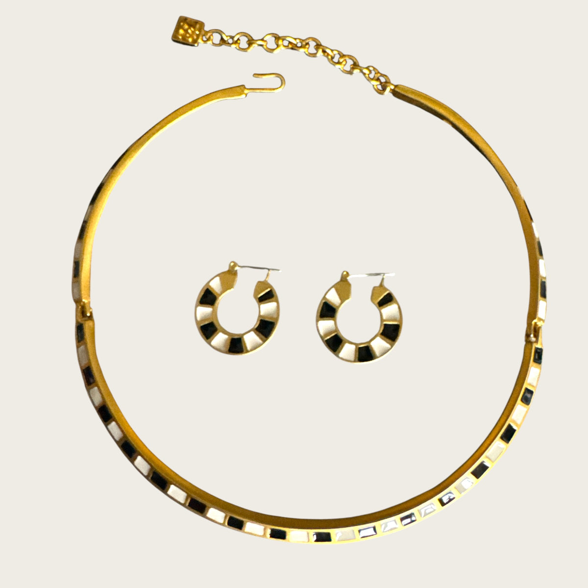 Karl Lagerfeld Couture Black & White Enamel Collar Necklace & Hoop Earrings Set | 1980s