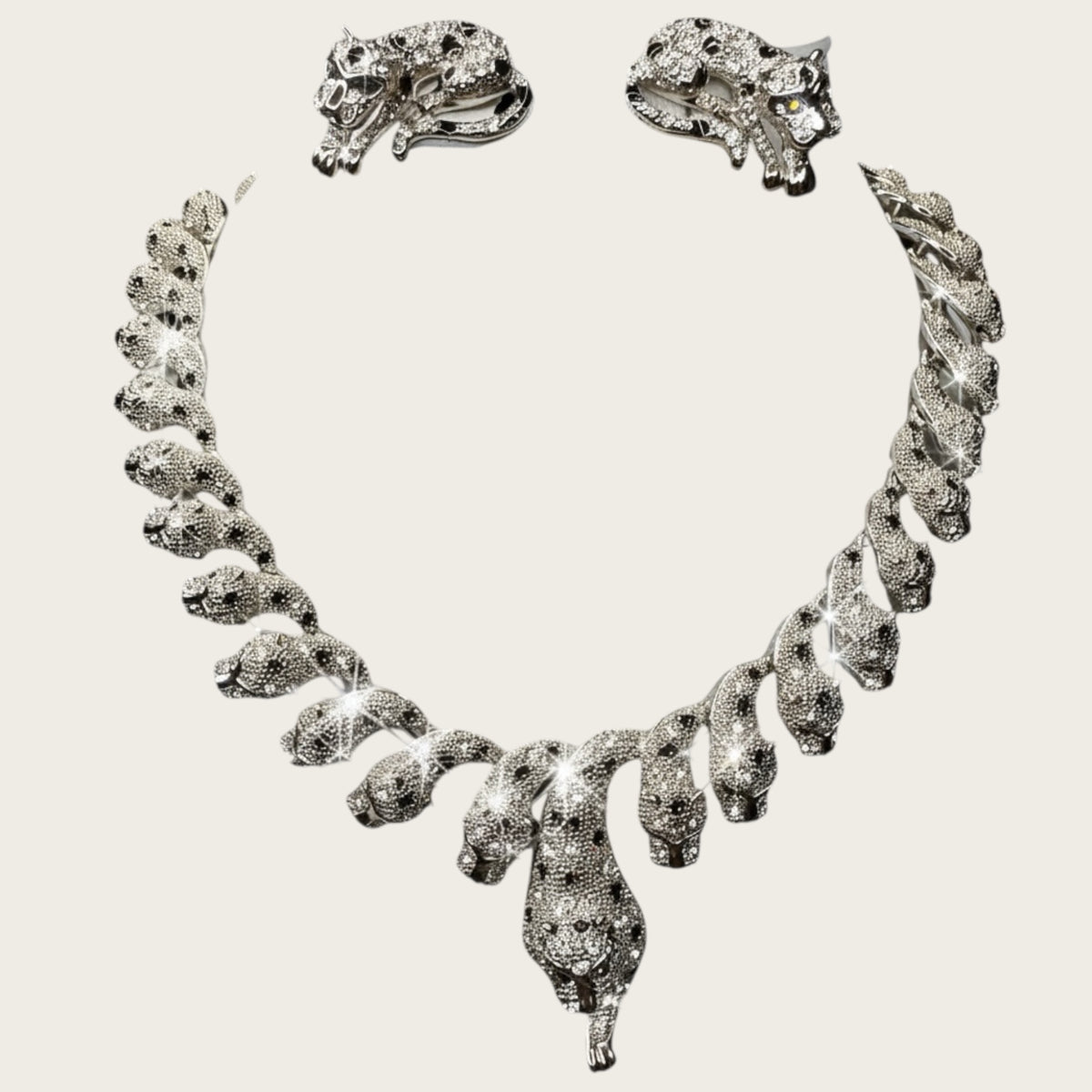 The Sapphire Leopard — Articulated Leopard Necklace & Clip-On Earrings Set (Unsigned, Vintage)