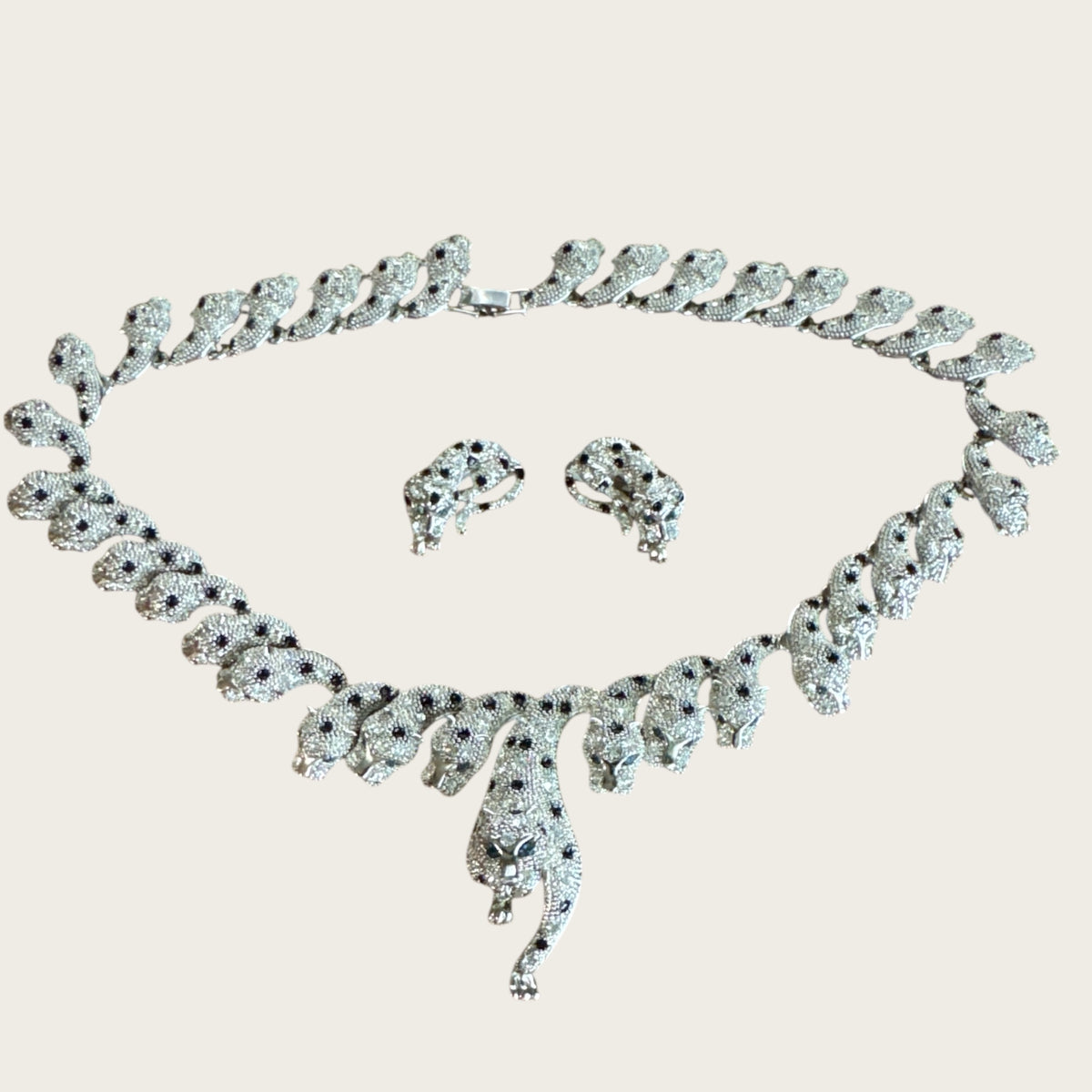 The Sapphire Leopard — Articulated Leopard Necklace & Clip-On Earrings Set (Unsigned, Vintage)