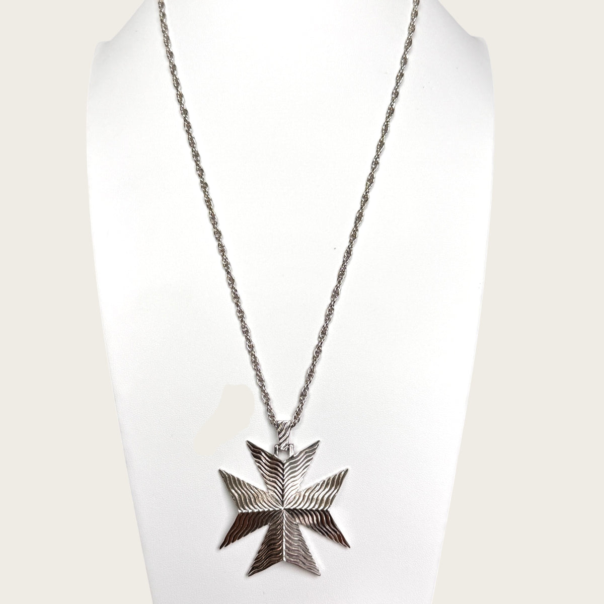 Vintage Trifari Maltese Cross Pendant Necklace – Sculptural Silver-Tone Statement