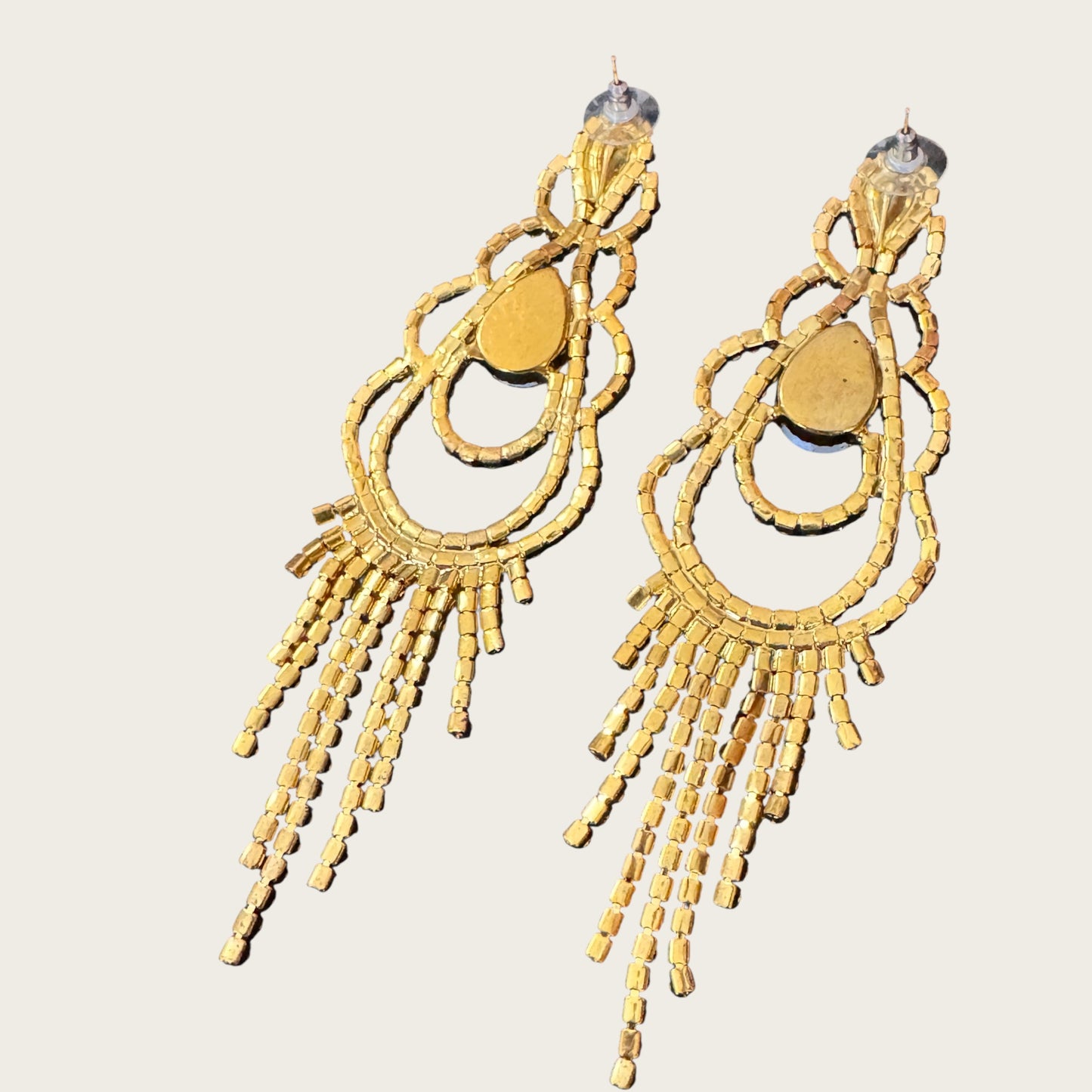 Vintage Rhinestone Chandelier Statement Earrings – Gold Tone Prong Set Crystal Fringe