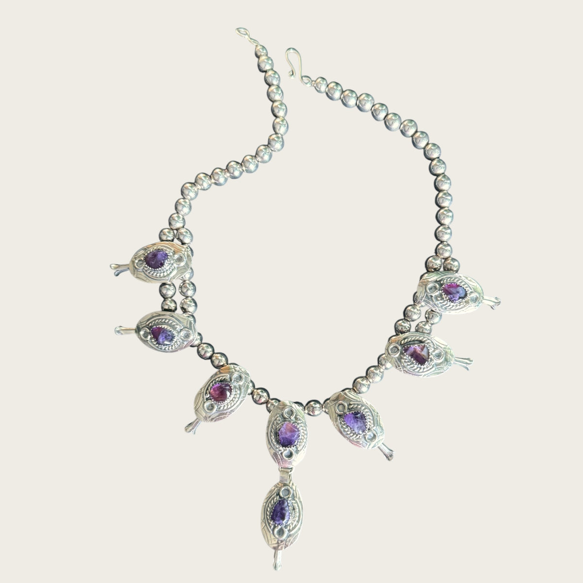 Vintage Artisan Genuine Amethyst Squash Blossom Style Necklace