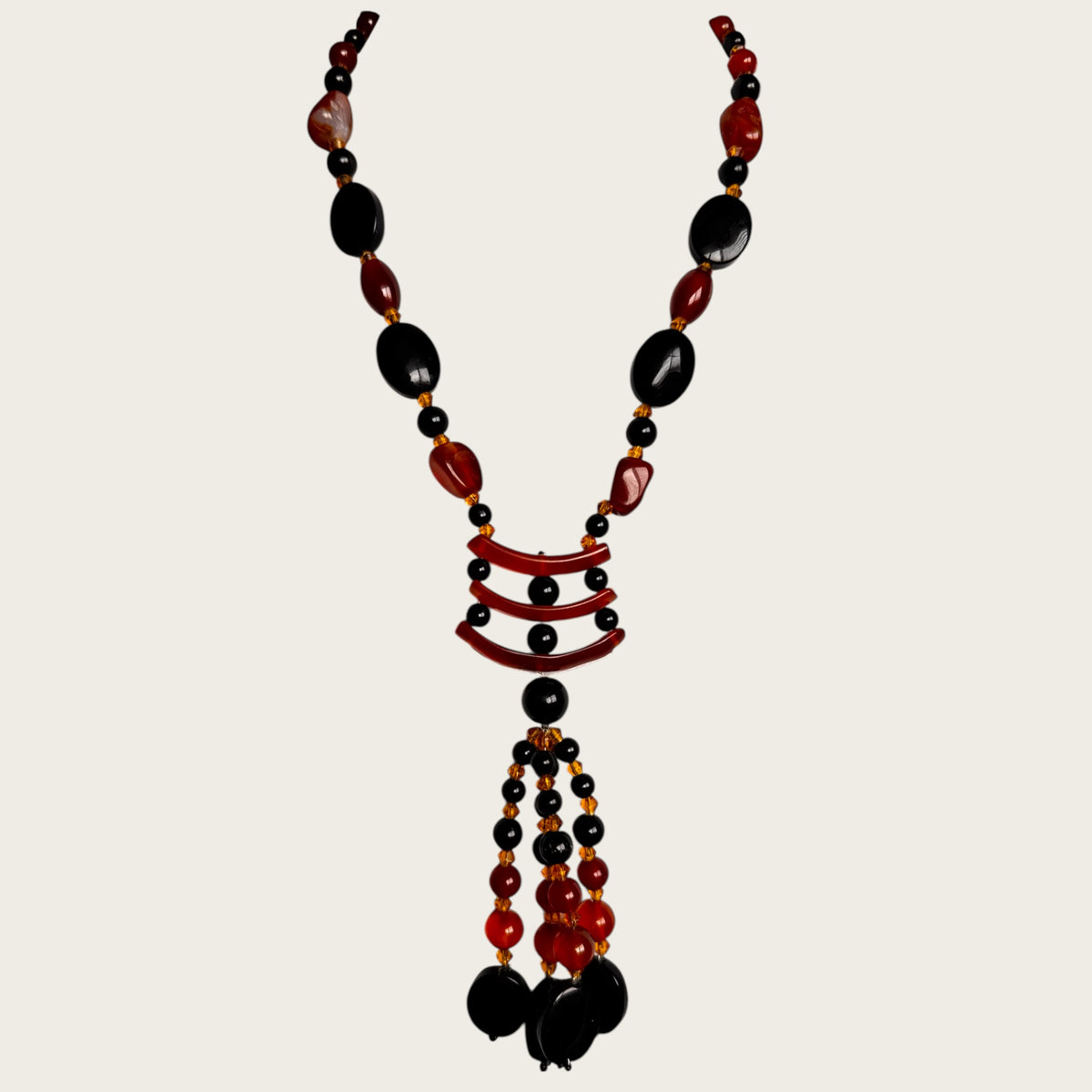 Vintage Artisan Carnelian & Black Onyx Stone Lariat Necklace