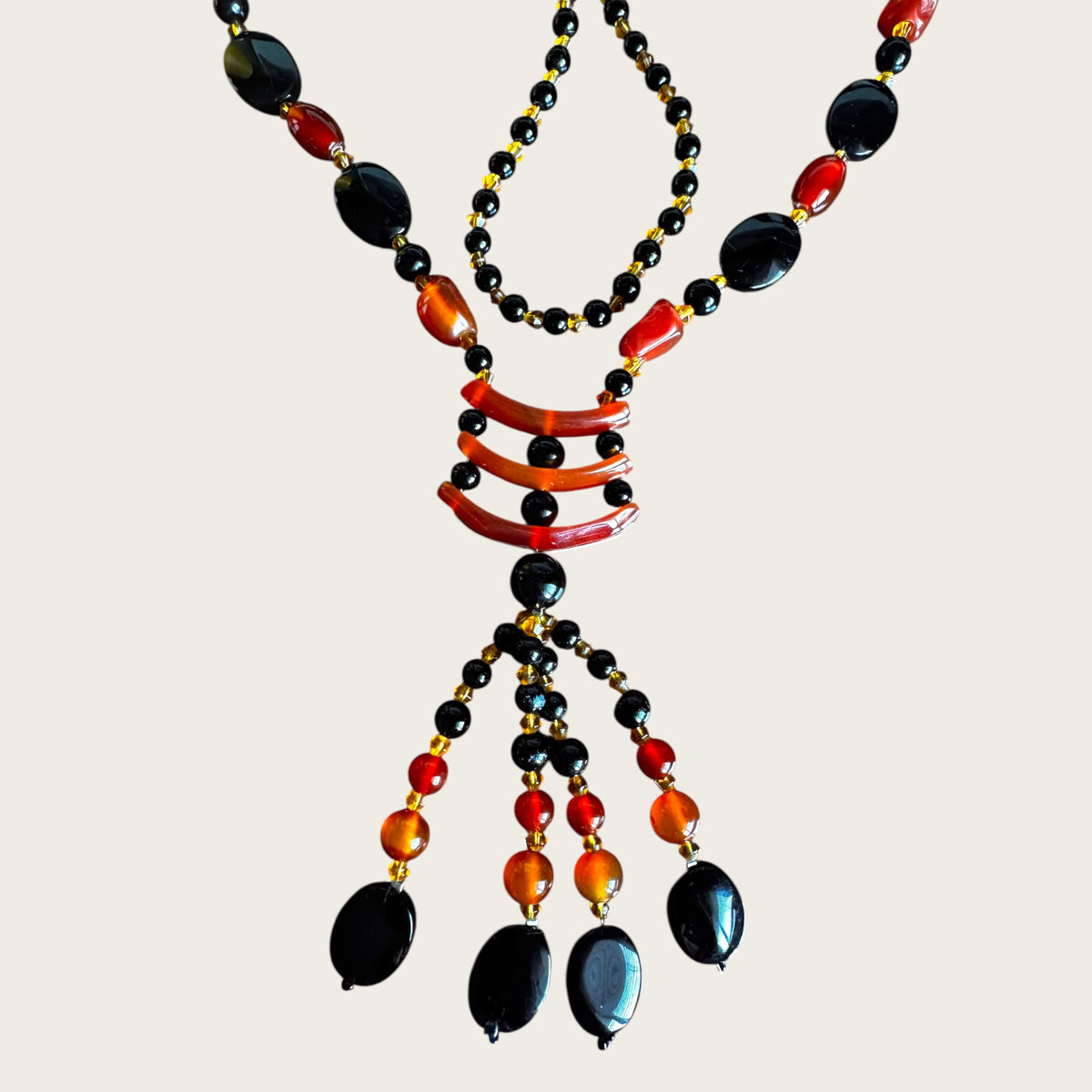 Vintage Artisan Carnelian & Black Onyx Stone Lariat Necklace