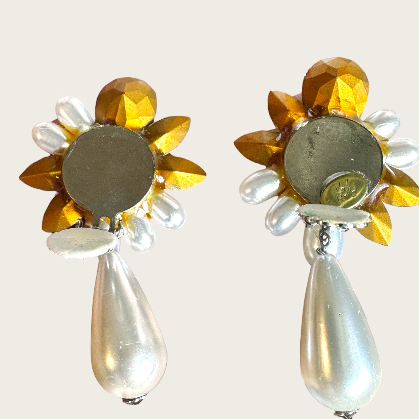 Vintage Nelly Crystal and Faux Pearl Statement Clip-On Earrings with Black Center Stone