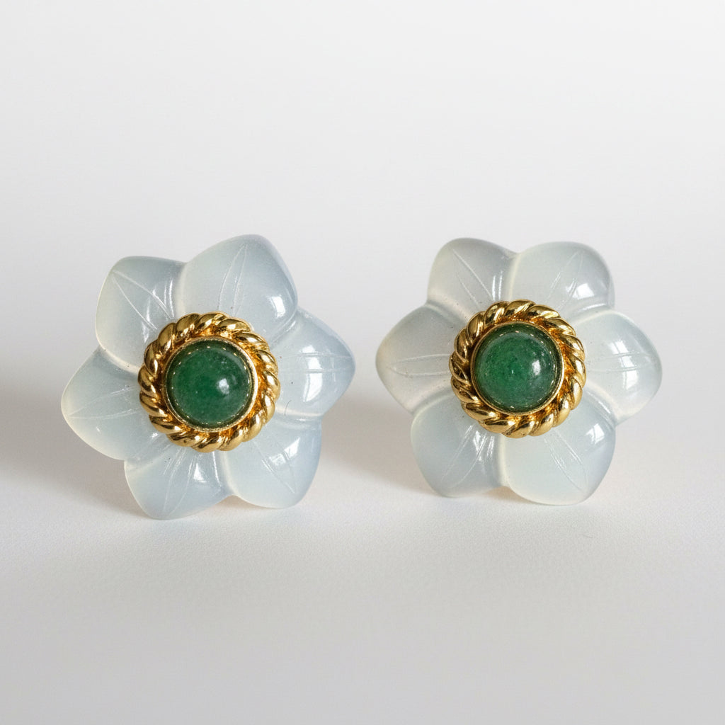 Vintage 14K Gold Carved Chalcedony Floral Stud Earrings with Green Aventurine Cabochon Centers