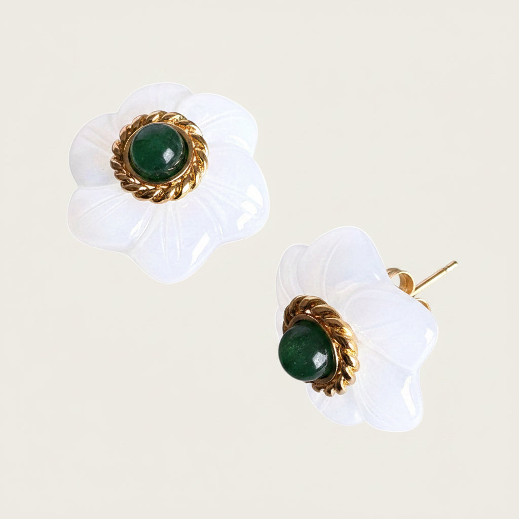 Vintage 14K Gold Carved Chalcedony Floral Stud Earrings with Green Aventurine Cabochon Centers