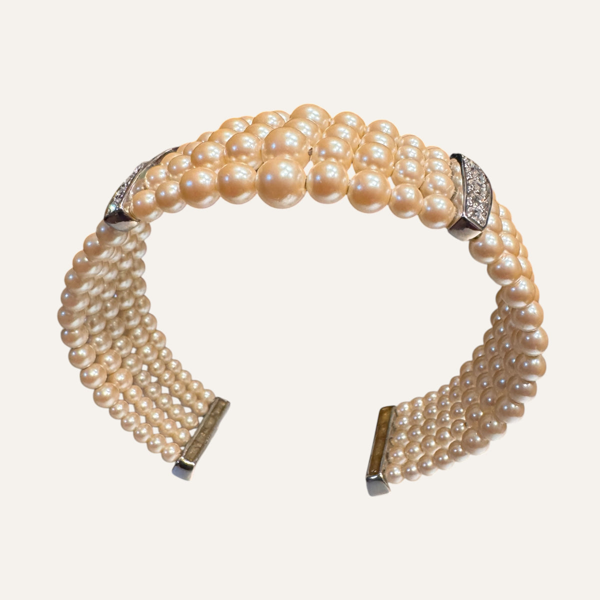 Vintage Monet Multi-Strand Faux Pearl Cuff Bracelet with Rhinestone Bars