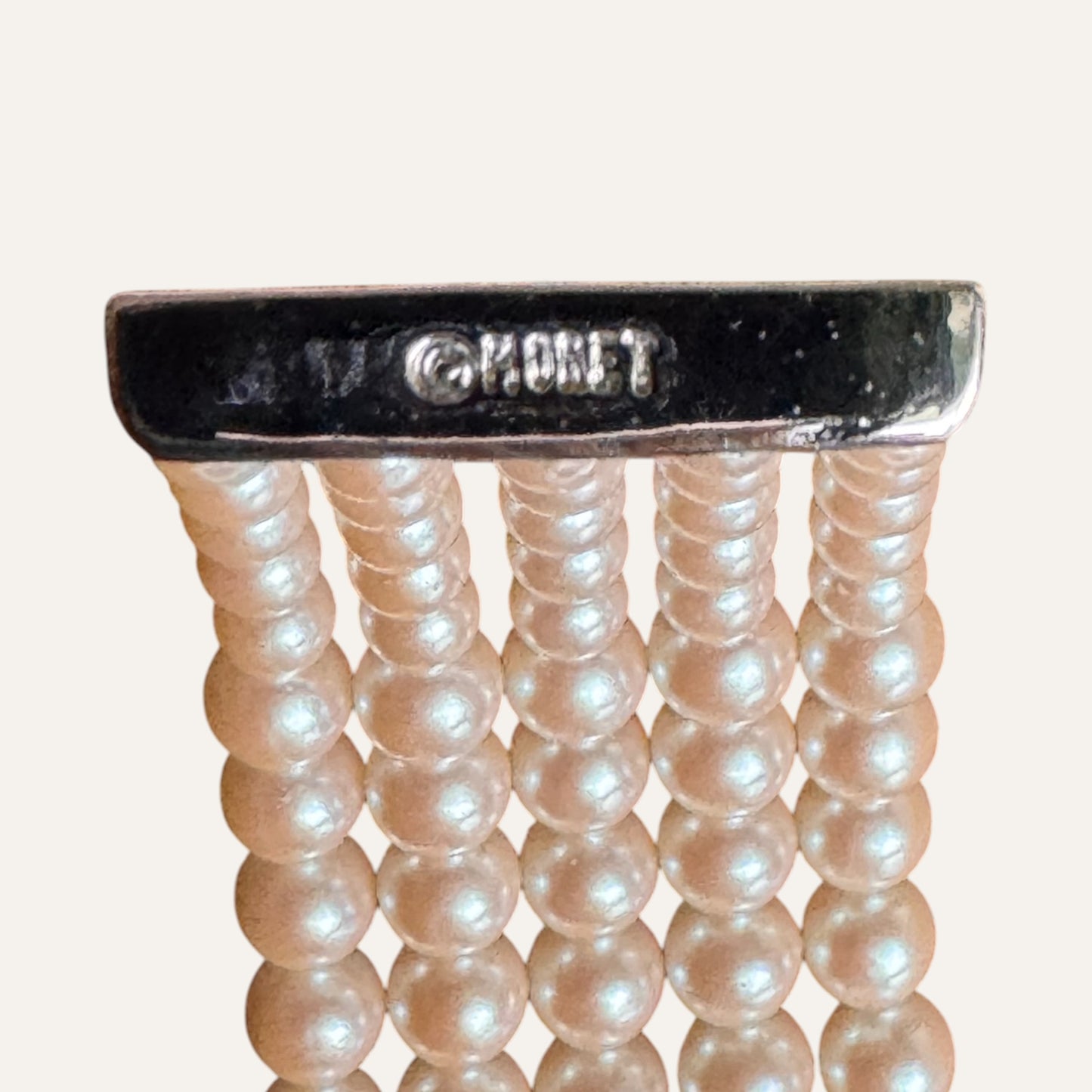 Vintage Monet Multi-Strand Faux Pearl Cuff Bracelet with Rhinestone Bars