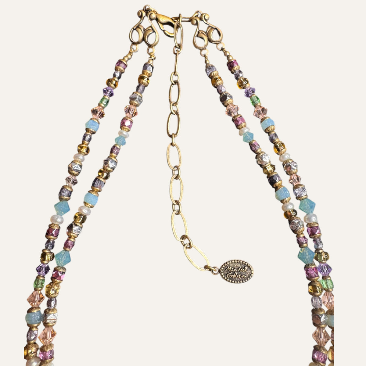Michal Golan Artisan Mosaic Pendant Necklace – Natural Pearls, Glass, Mixed Media | Double Strand Statement