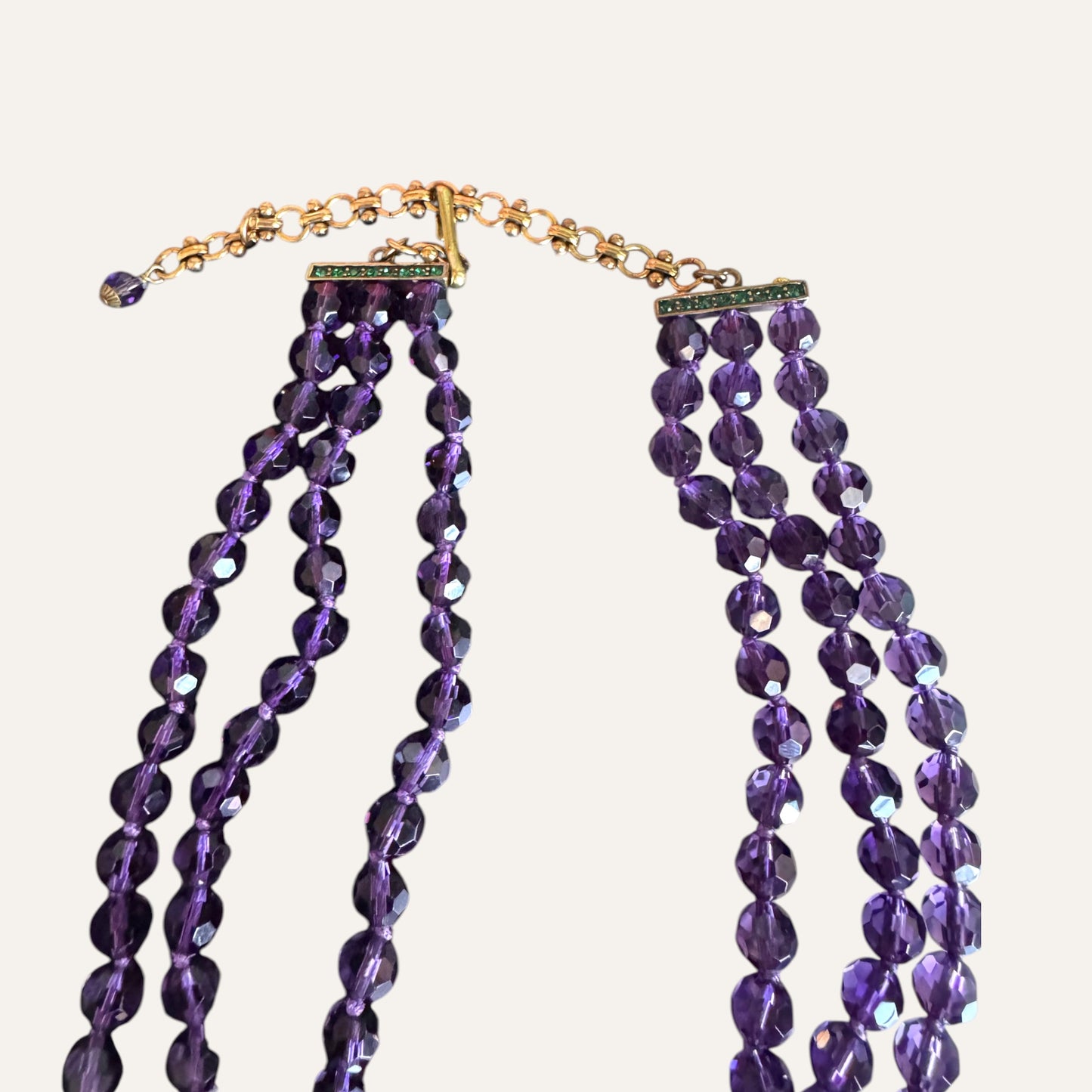 Heidi Daus Multi-Strand Amethyst Crystal Peacock Feather Statement Necklace