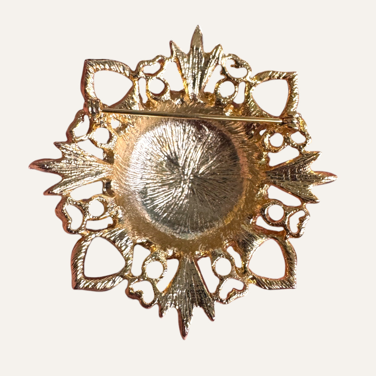 Vintage Nautical Anchor Brooch – Domed Red Enamel Center, Gold Tone Openwork Frame, White Enamel Accents
