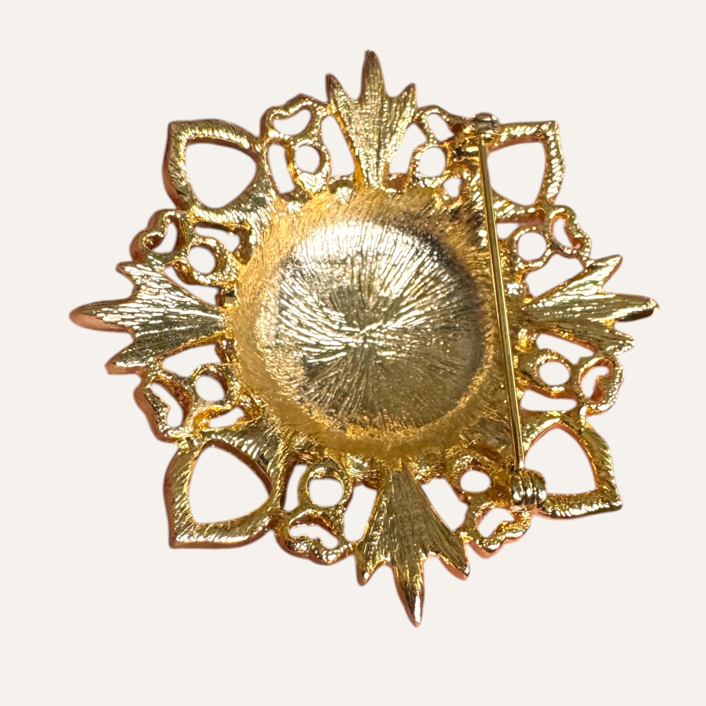 Vintage Nautical Anchor Brooch – Domed Red Enamel Center, Gold Tone Openwork Frame, White Enamel Accents
