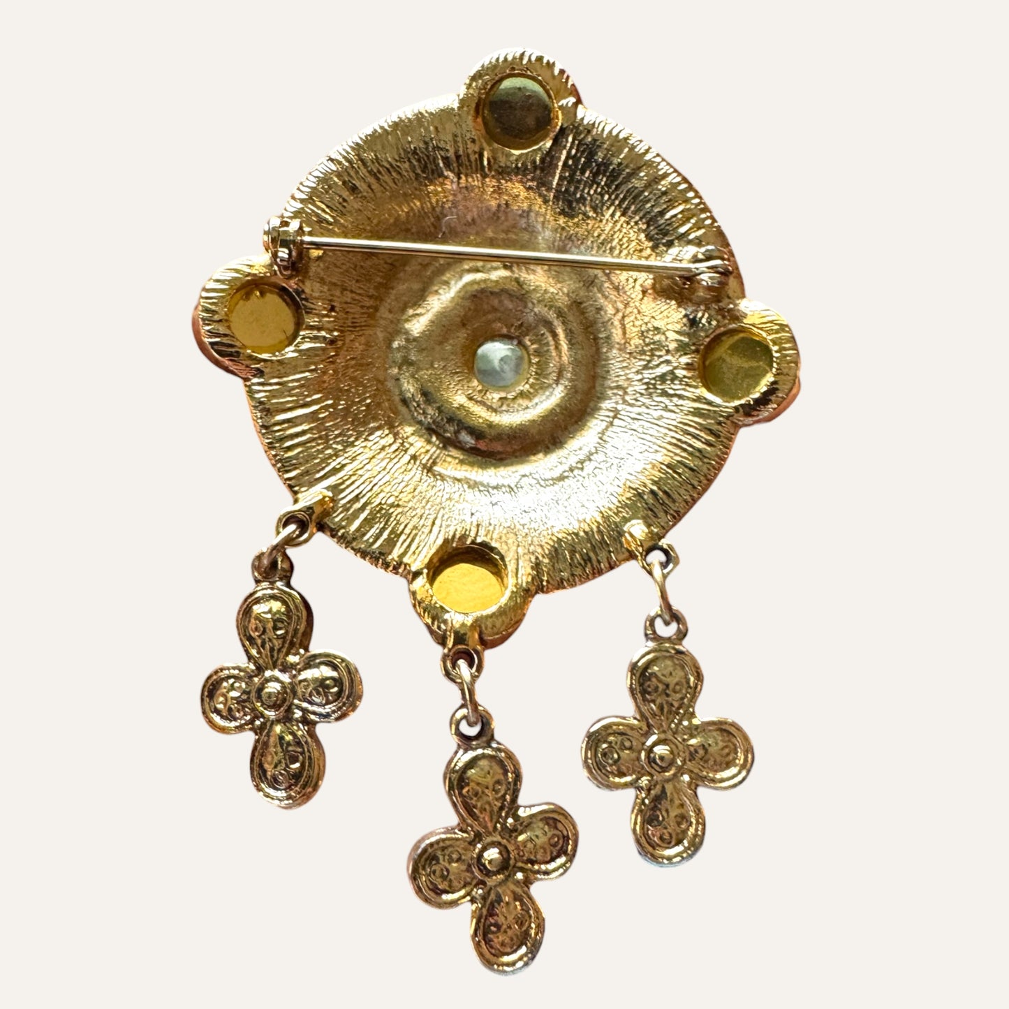 Byzantine Revival Medallion Brooch with Ruby Lucite Cabochons and Cross Dangles