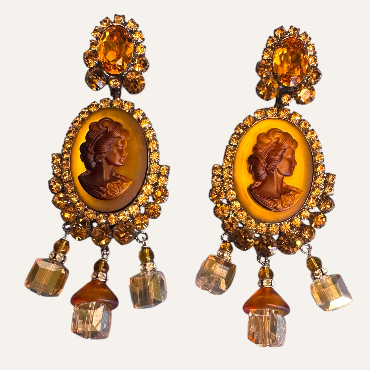Signed Lawrence Vrba Amber Cameo Statement Earrings