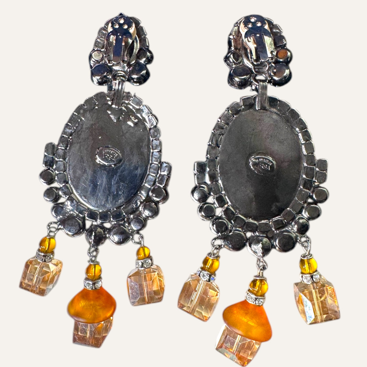 Signed Lawrence Vrba Amber Cameo Statement Earrings