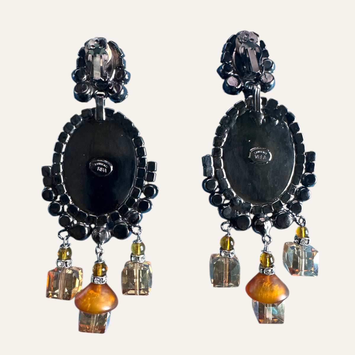 Signed Lawrence Vrba Amber Cameo Statement Earrings