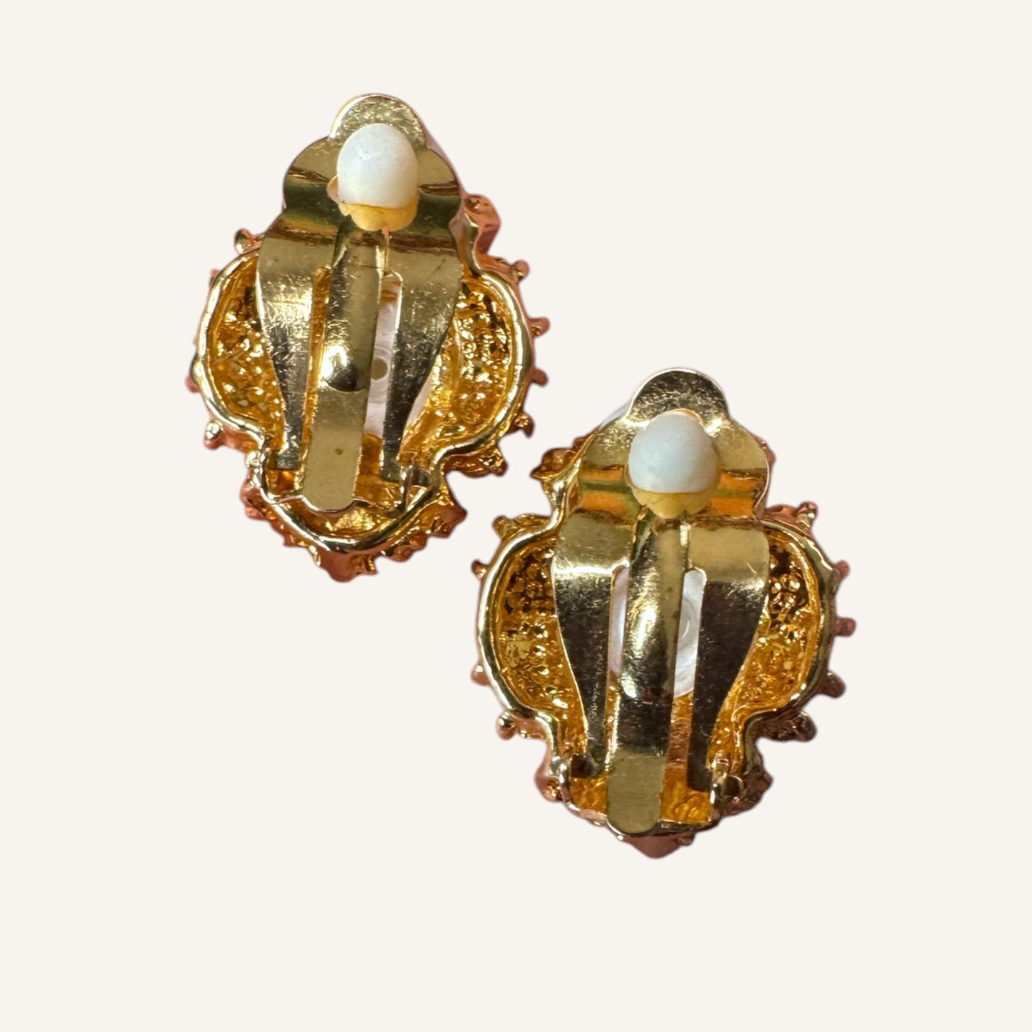 Vintage Iridescent Pearl Cabochon & Baguette Rhinestone Clip-On Earrings