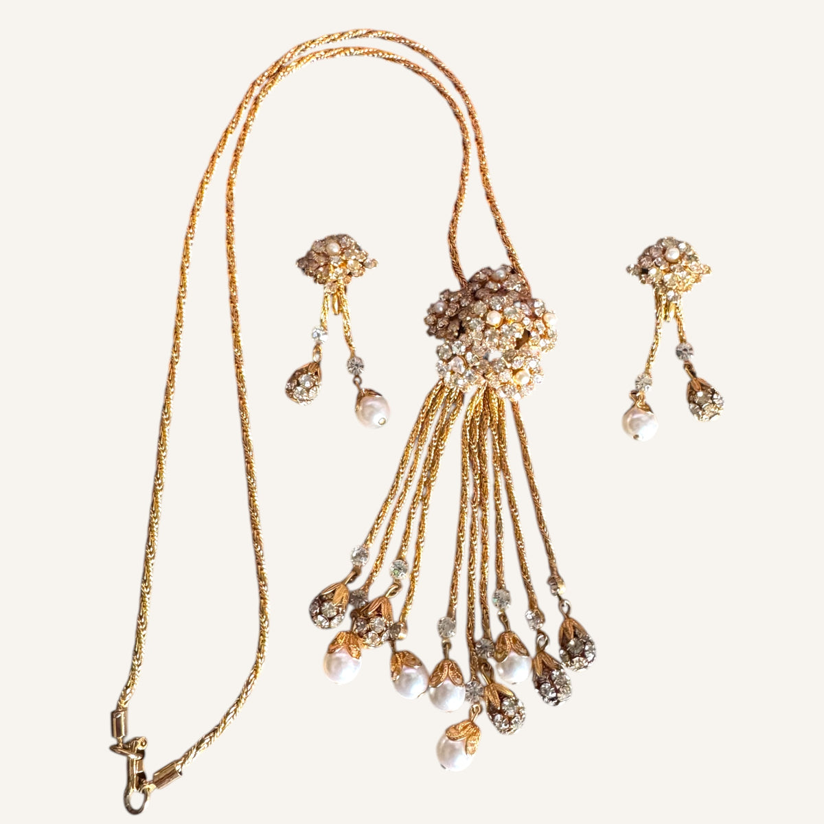 Vintage Foxtail Mesh Lariat Necklace & Drop Earring Set with Crystal Clusters & Pearl Dangles