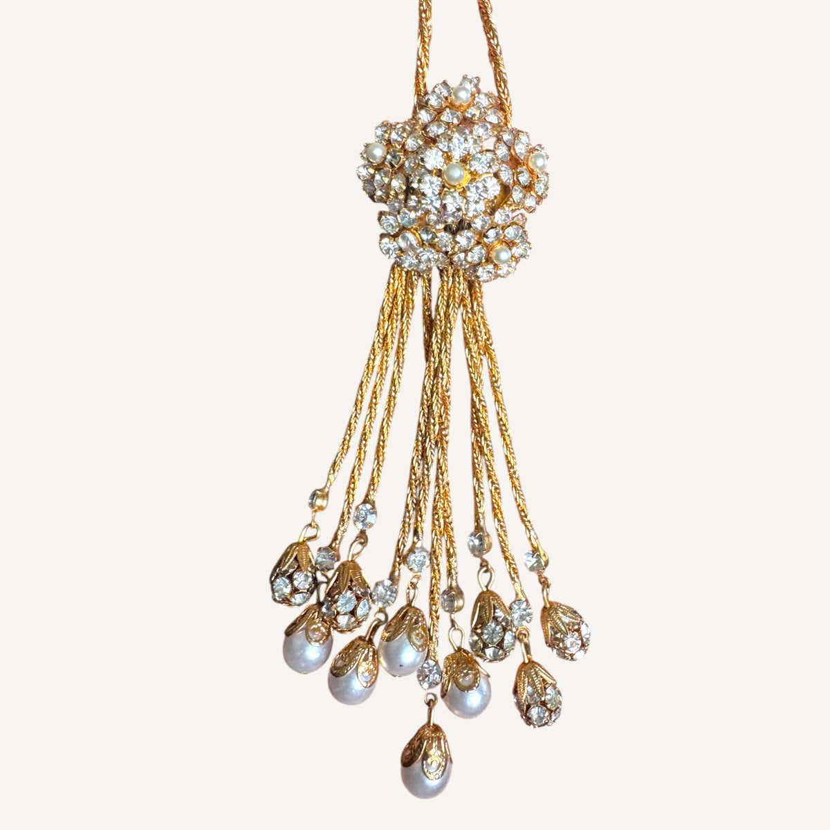 Vintage Foxtail Mesh Lariat Necklace & Drop Earring Set with Crystal Clusters & Pearl Dangles